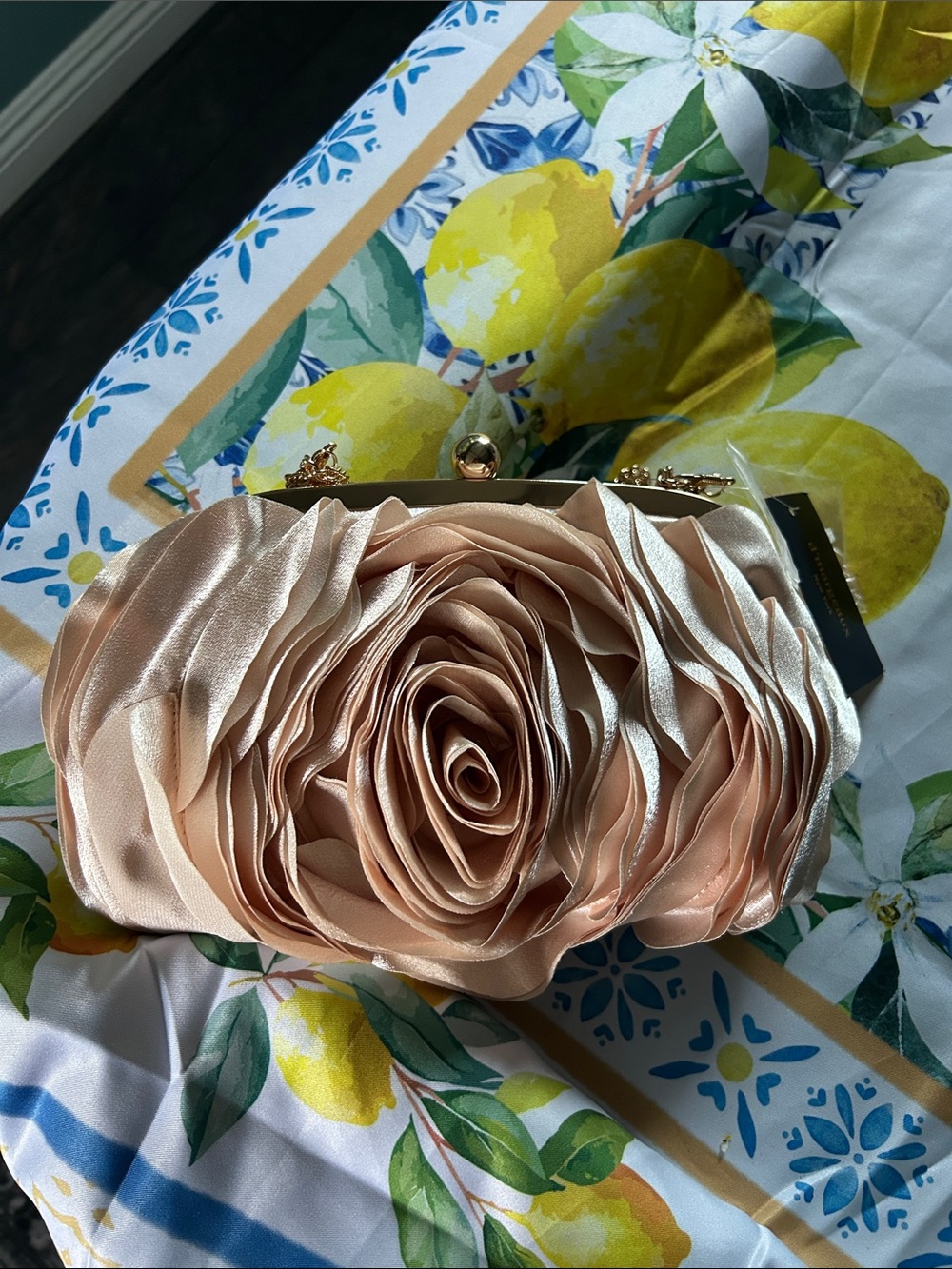 Rose-Embellished Satin Evening Clutch with removable gold crossbody chain- Blush